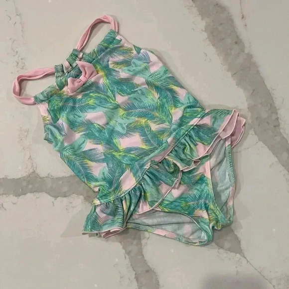 Floatimini Tropical Pink Green Print Ruffle Bow One Piece Bathing Suit Girls 6X - Picture 1 of 5